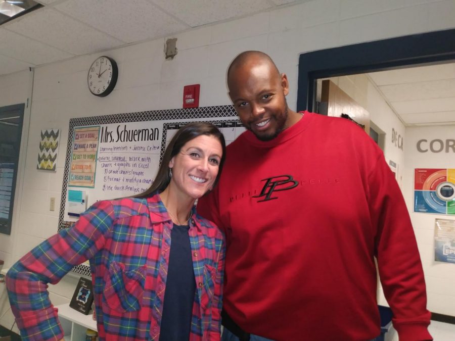 Coach Johnston and Ms.Hicks in Ms.Schuermans room