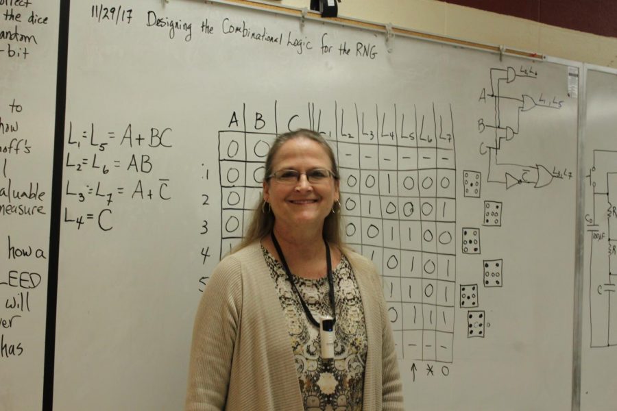 Ms. Porter in her classroom with an RNG table behind her.