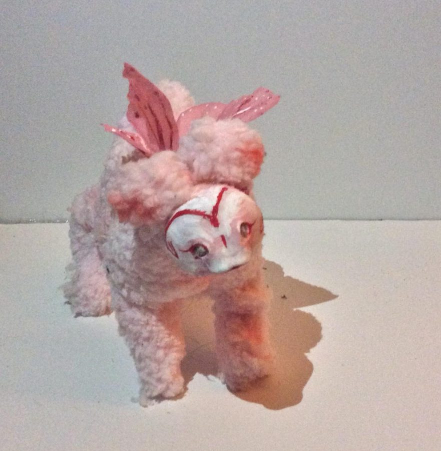 Pink Pixie Fake fur, clay, rhinestone, paint, wire, aluminum foil, cotton batting, and chalk pastel.