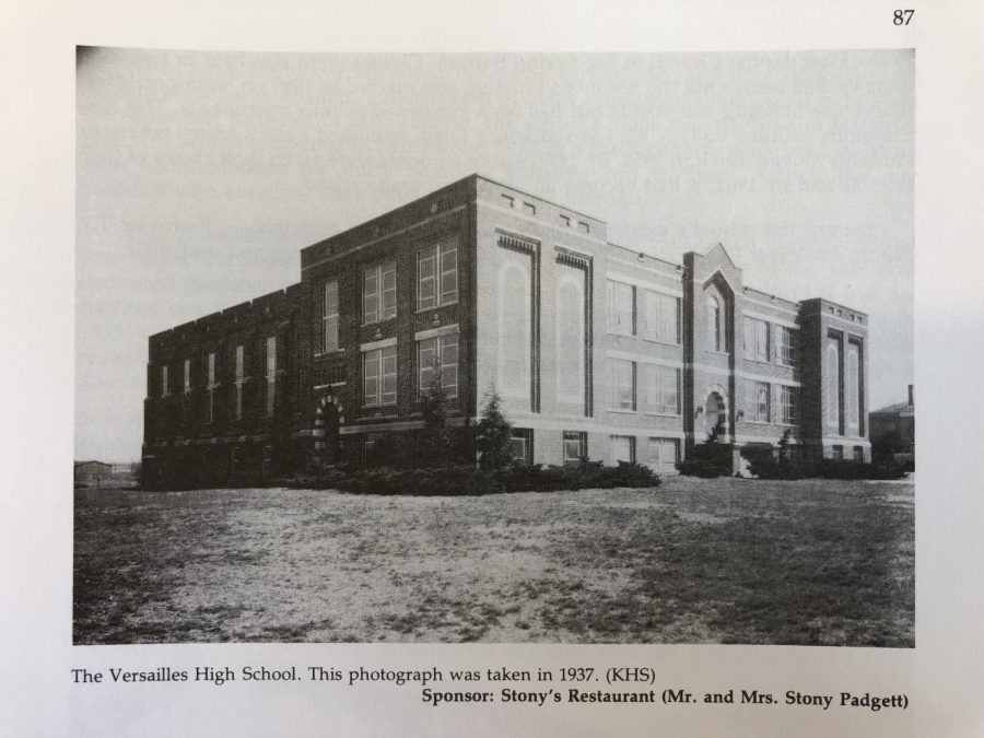 This picture depicts the Versailles High School in 1937. The high school was built in 1927 and demolished only a few months ago. 
in in the picture we see a newly built school, a rolling lawn, and well trimmed shrubbery; its not quite the same today. This photo was found in the book,  Woodford County, Kentucky: The First Two Hundred Years. 