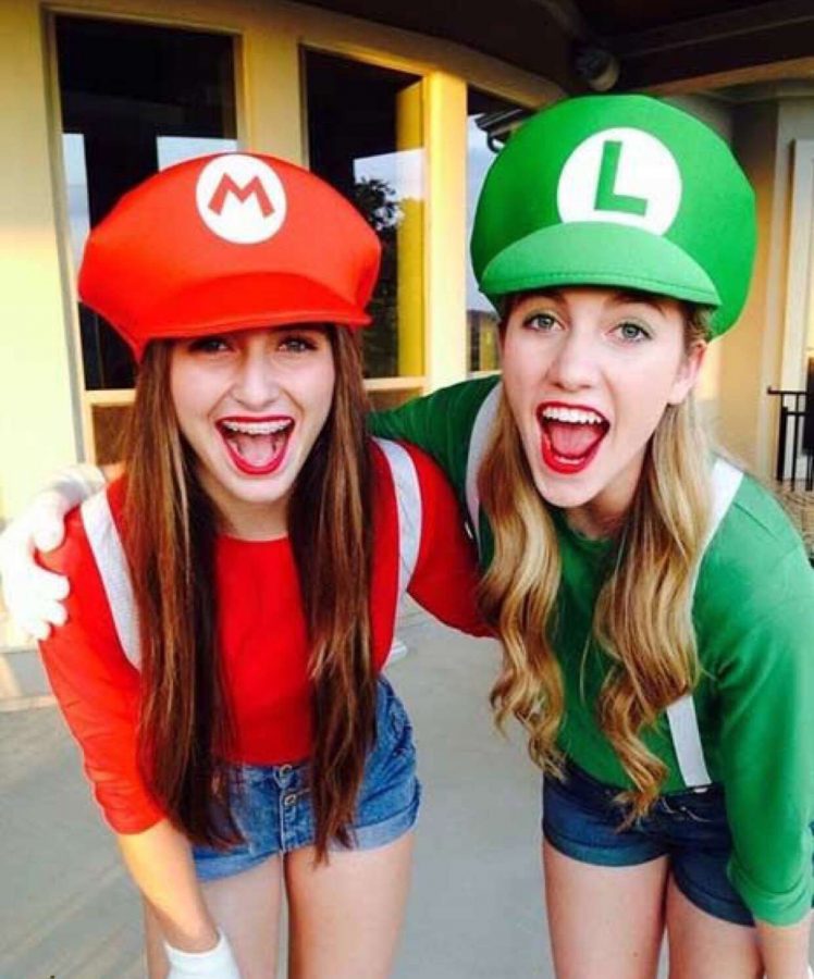 Mario and Luigi - This costume requires jean shorts or pants, a red shirt, a green shirt, suspenders, white gloves, a red hat with a white M, and a green hat with a white L. 
