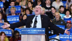 Democratic Candidate Bernie Sanders (D-VT) joking around while speaking at a campaign rally in Las Vegas, Nevada.