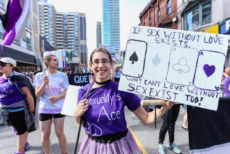 Asexuals march at the Toronto 2017 LGBTQ Pride Parade in Canada.