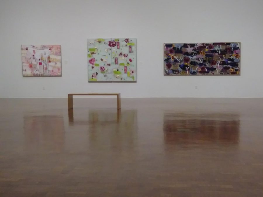 Photo of  Still, Wallflowers, Roses and Weeds (Left to Right) all created by Joan Snyder as part of the Interwoven exhibition. 