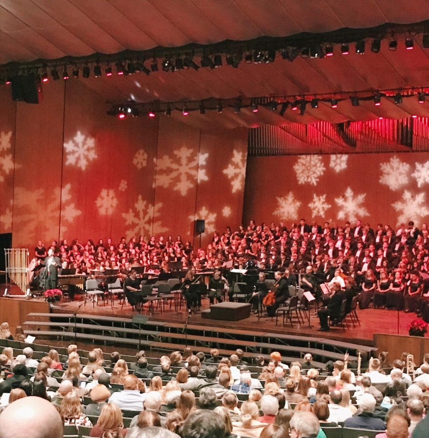 Beginning of the concert with the three choirs on stage. Photo by Kim Hayes.