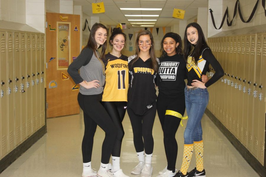 A group of sophomore girls (Olivia DeVore, Lilly Rogers, Mary Thompson, Amariah Reed, and Ava VanSchaick) show their Woodford spirit before they enjoy an amazing pep rally.