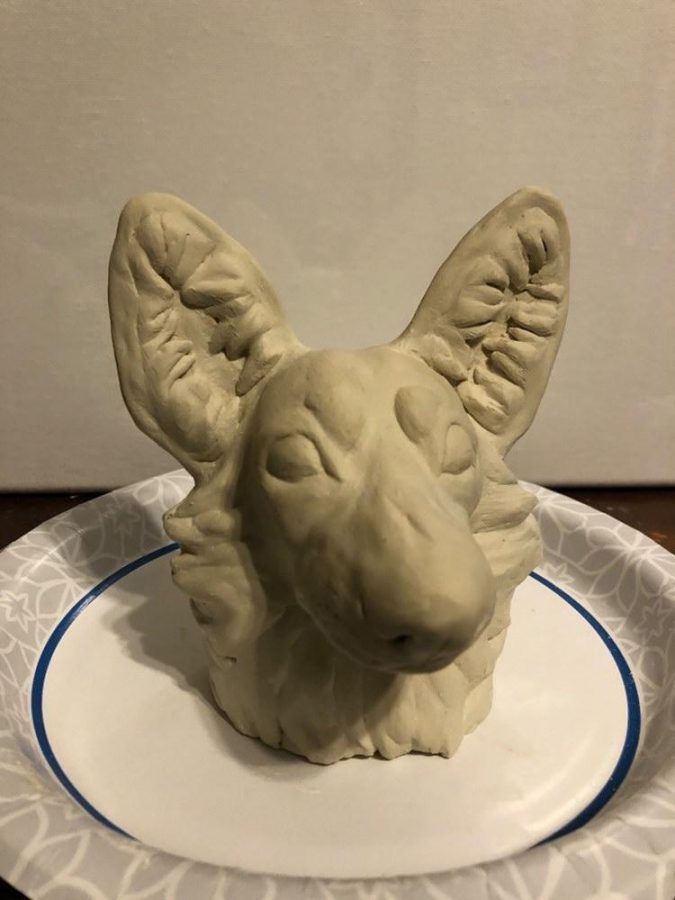 A sculpture by Sarah of her dog Badger. 