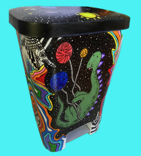 Custom-made trash bin made by Keelie McClellan. 