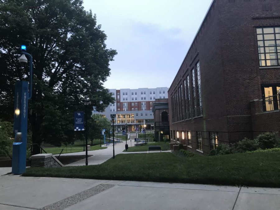 This is one of the buildings of the University of Kentucky. Overall, the campus covers a bit over eight miles. Taken at 8:33 pm.