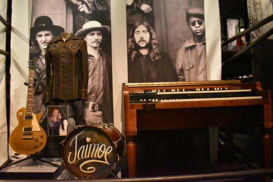 This image is of Gregg Allmans famous spirit jacket and Hammonds organ, Jaimoes drum, and Dickey Bettss 1957 Les Paul Goldtop electric guitar. 