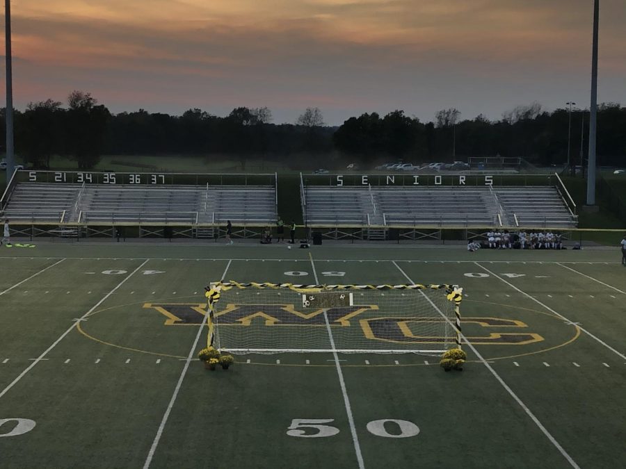 A view of the decorations put up for senior night, including the ornately decorated goal. 