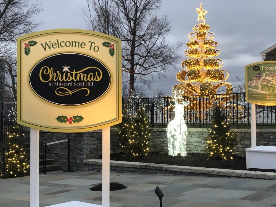 A sign welcoming you to Christmas at Mustard Seed Hill, set against a beautiful light display.