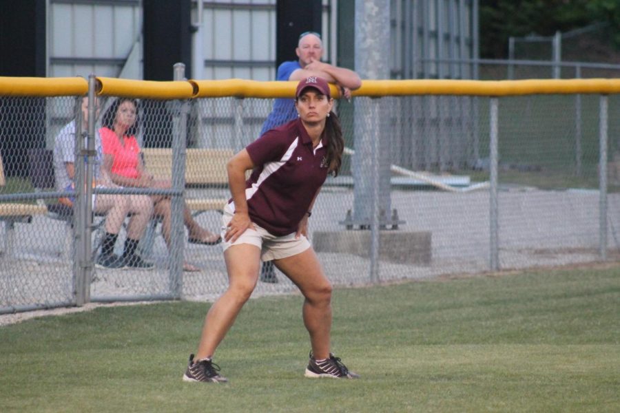 Jenn Valeriote coaching 3rd base during a very intense game of High School softball. 