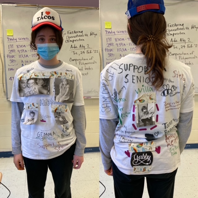 Lilly Moore (10) supports her seniors in a unique way during Spirit Week. She printed out photos of each senior and taped them onto her shirt!