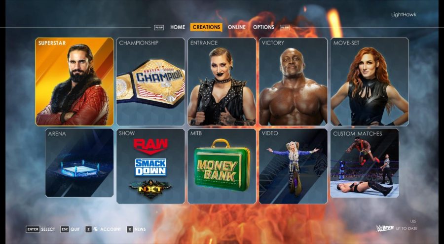Heres the creation suite. It includes Create a Wrestler, Create a Moveset, Create an Entrance, Create a Victory, Create a Championship, Create a Video, Create a Briefcase, Create a Match, Create an Arena, and Create a Show.
