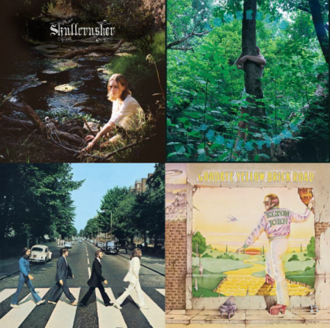 These are the covers for 4 of our Digital Journalisms Top Spring Songs! Top Left: Trace by Skullcrusher, Top Right: Wasted by Tomberlin, Bottom Left: Here Comes The Sun by the Beatles, Bottom Right: Bennie and The Jets by Elton John. 