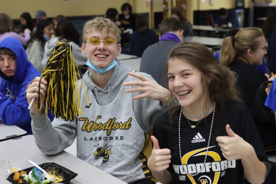 Students Tess Thompson (9) and Dillon Caudill (11) go all out with their Woodford Spirit during lunch!
