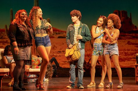 (from left) Katie Ladner as Sapphire, Solea Pfeiffer as Penny Lane, Casey Likes as William Miller, Julia Cassandra as Estrella, and Storm Lever as Polexia. Almost Famous, a world-premiere musical with book and lyrics by Cameron Crowe, based on the Paramount Pictures and Columbia Pictures Motion Picture written by Cameron Crowe; directed by Jeremy Herrin, with original music and lyrics by Tom Kitt; runs September 13 – October 27, 2019 at The Old Globe. Photo by Neal Preston.