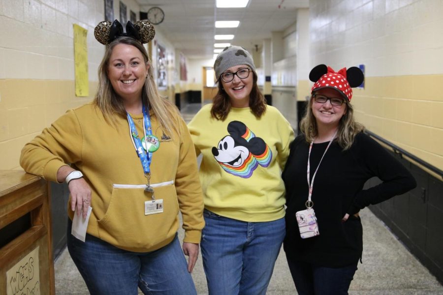 Teachers have fun too! Mrs Probst, Dr. S and Mrs. Crager pose outside the library in their wonderful Disney day outfits.