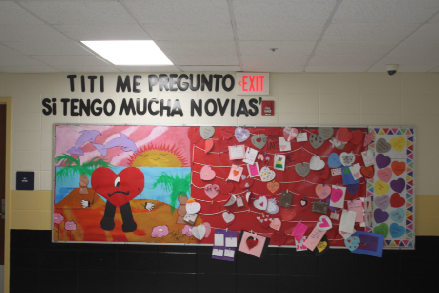Valentines day cards in the English hallway, available for students to give to each other.   