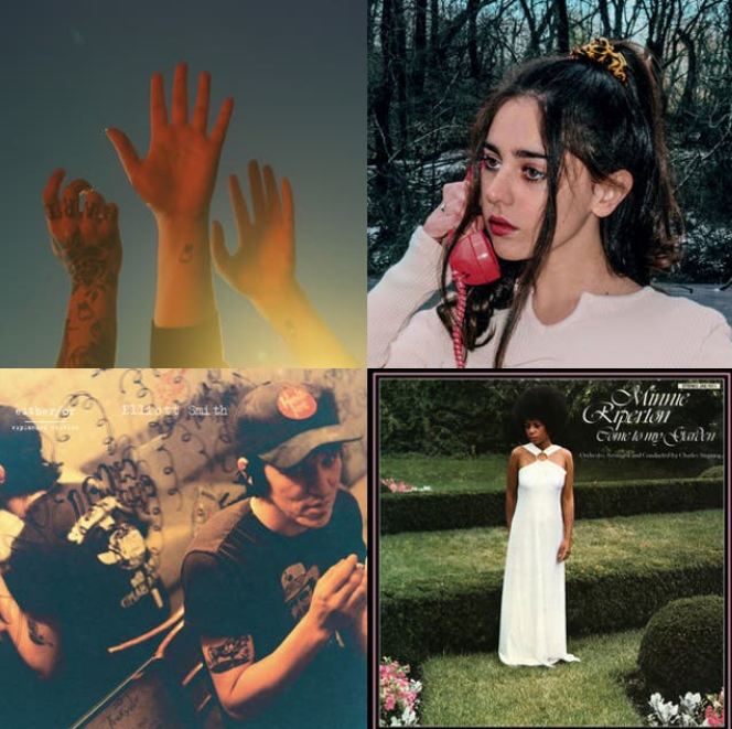 These are four covers of our Digital Journalism class favorite spring songs! Top left: True Blue by Boygenius, Top right: Big Wheel by Samia, Bottom left: Rose Parade by Elliot Smith, and Bottom right: Les Fleurs -by Minnie Riperton. 
