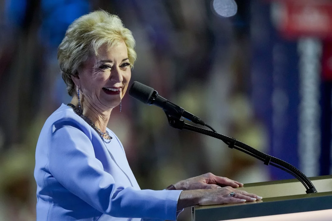 Linda McMahon speaks during the 2024 Republican National Convention in Milwaukee.

