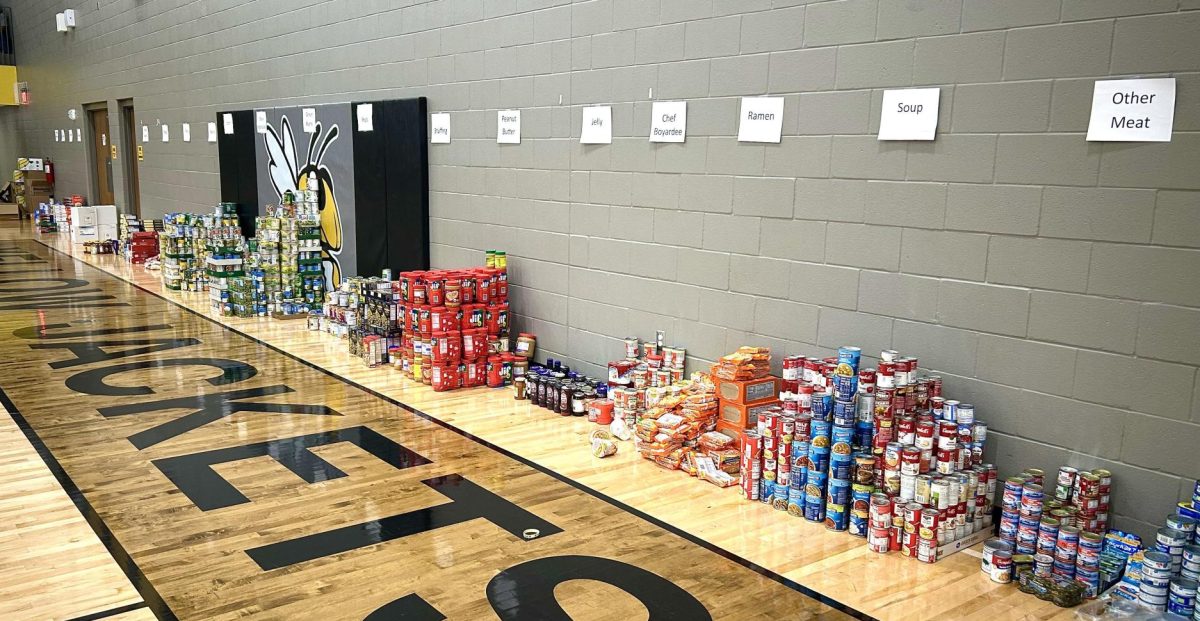 WCHS's collection of food for the Thanksgiving Assembly. 
