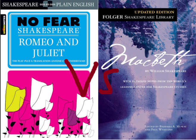 Romeo and Juliet No Fear version with a drawn "VS" over it, with the Updated Macbeth version on the right